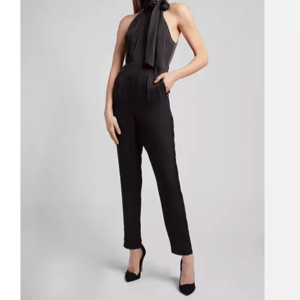Express NWT Black Satin Halter Jumpsuit Elegant Chic Size 2 Straight Leg Pocket